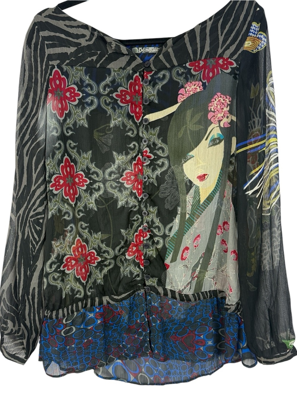 Desigual Geisha Floral Mixed Media Sheer Blouse Top Size 38 (US S/M)